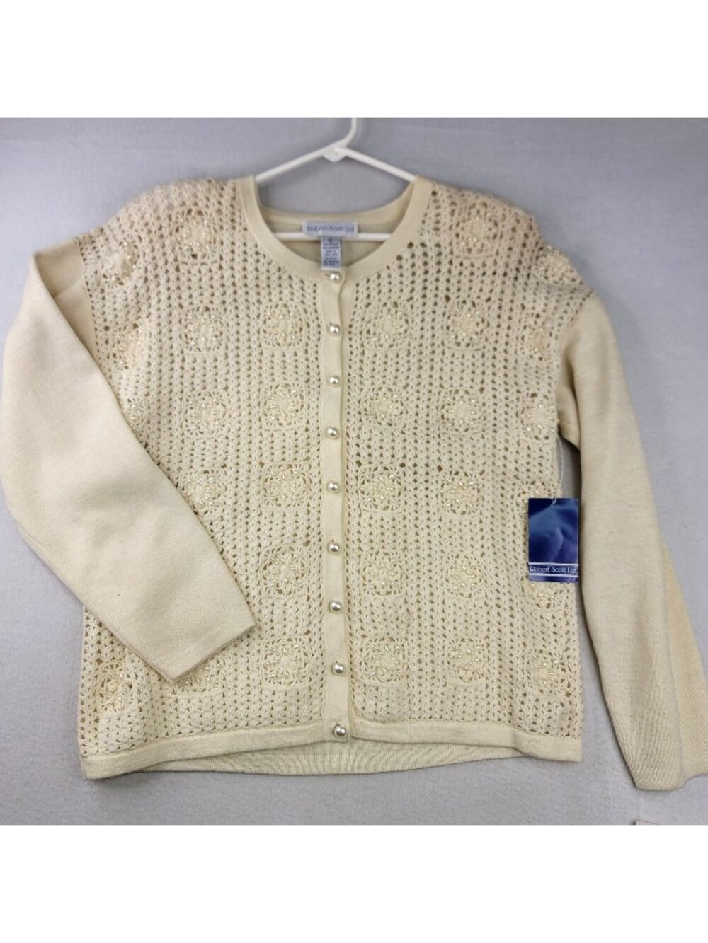 Vintage Robert Scott Ltd Pearl Beaded Wool Crochet Cardigan L Ivory Cottagecore
